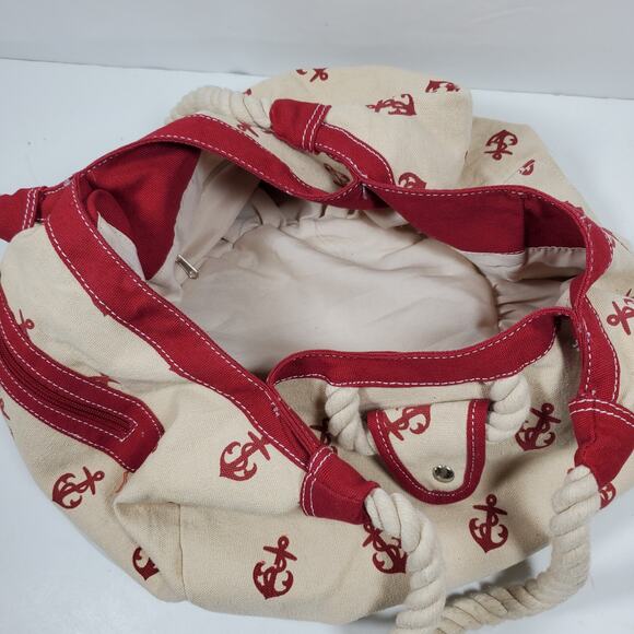 Vintage Sailor Canvas Bucket Bag Handbag Purse Red Tan 9x10x7 Inch - Picture 6 of 6